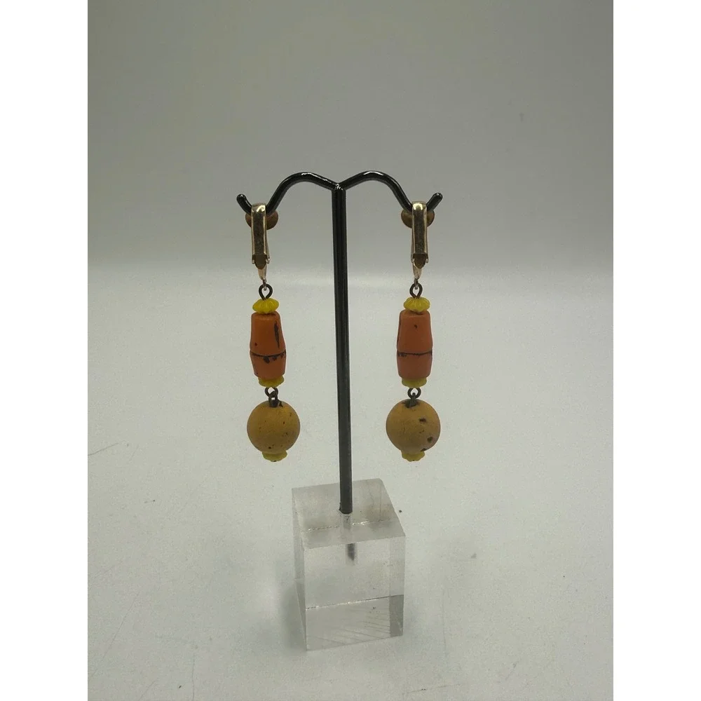 Vintage Clip On Dangle Earrings Orange Yellow Clay Ceramic Bead Boho Artisanal